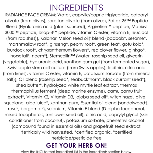 ingredients stem cell & peptide radiance face cream